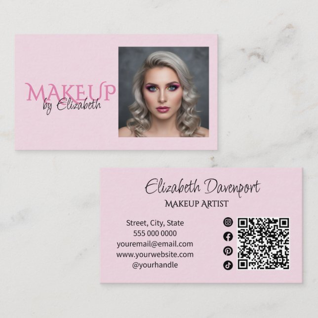 Blush Pink Script Social Icon QR Code Photo Makeup Business Card (Front/Back)