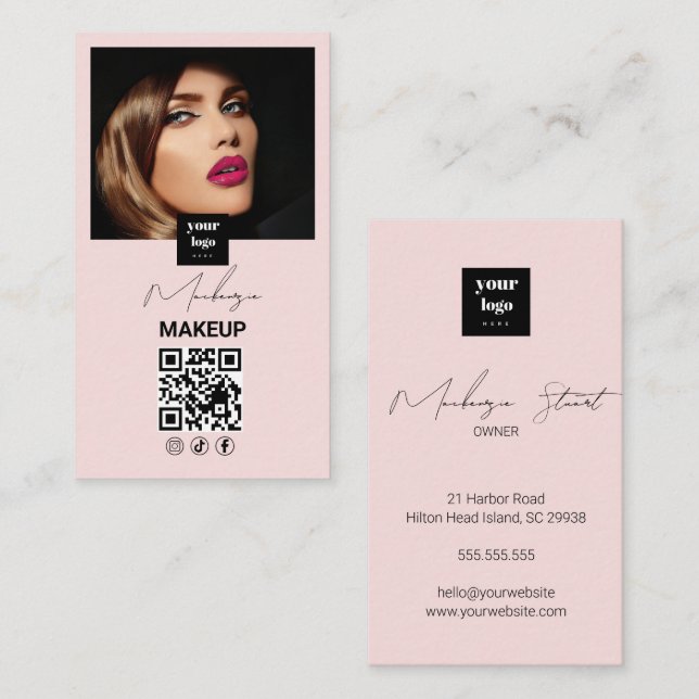 Blush Pink Script Social Icon QR Code Photo Makeup Business Card (Front/Back)