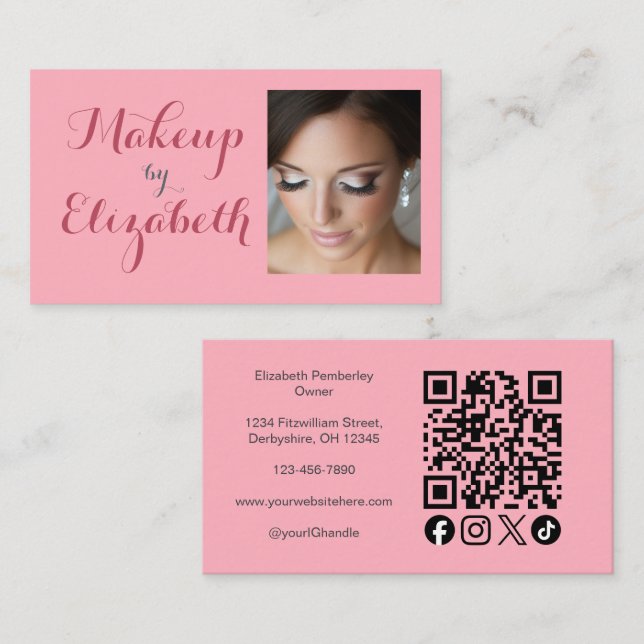 Blush Pink Script Social Icon QR Code Photo Makeup Business Card (Front/Back)
