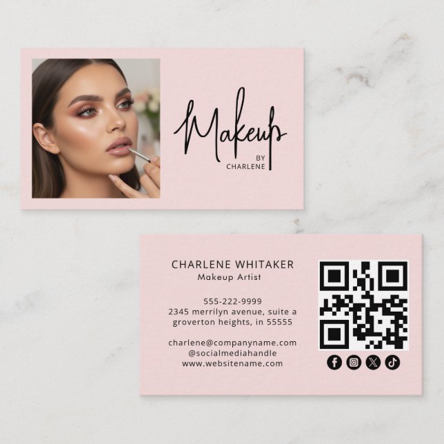 Blush Pink Script Social Icon QR Code Photo Makeup Business Card (Front/Back)