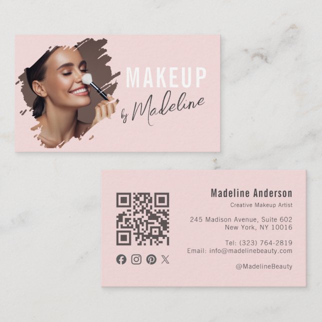 Blush Pink Script Social Icon QR Code Photo Makeup Business Card (Front/Back)