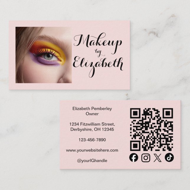 Blush Pink Script Social Icon QR Code Photo Makeup Business Card (Front/Back)