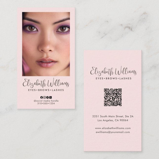 Blush Pink Script Social Icon QR Code Photo Makeup Business Card (Front/Back)