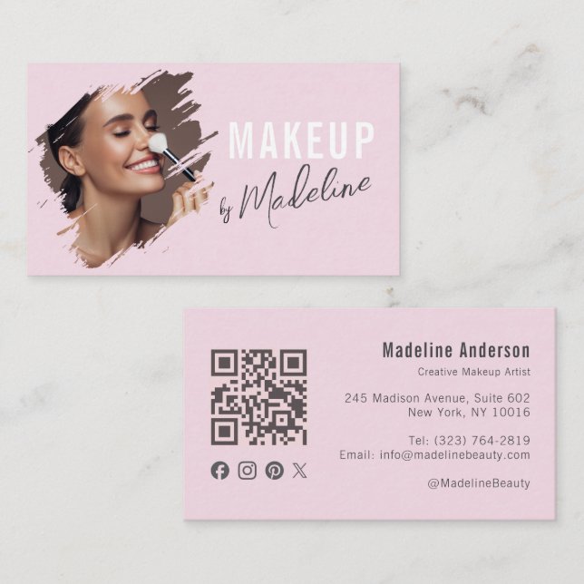 Blush Pink Script Social Icon QR Code Photo Makeup Business Card (Front/Back)