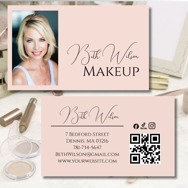Blush Pink Script Social Icon QR Code Photo Makeup Business Card (Creator Uploaded)