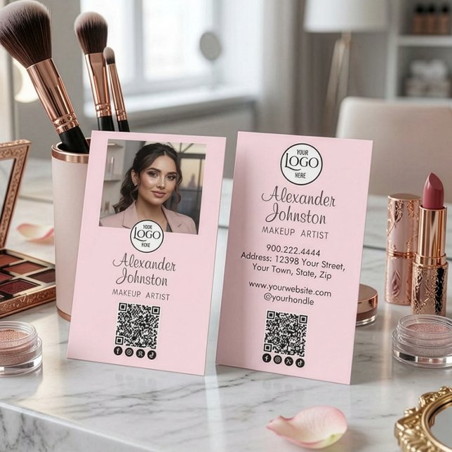 Blush Pink Script Social Icon QR Code Photo Makeup Business Card (Blush Pink Black Script Social Icon QR Code Photo Makeup Business Card)