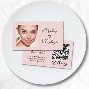 Blush Pink Script Social Icon QR Code Photo Makeup Business Card