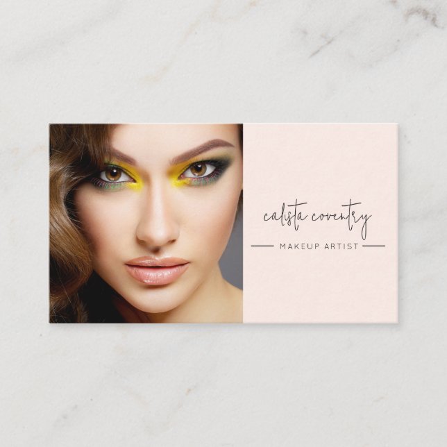 Blush Pink Script Social Icon QR Code Photo Makeup Business Card (Front)