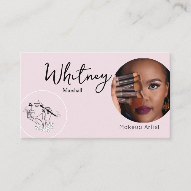 Blush Pink Script Social Icon QR Code Photo Makeup Business Card (Front)