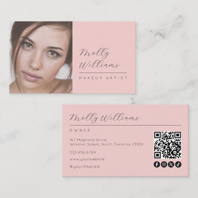 Blush Pink Script Social Icon QR Code Photo Makeup Business Card (Front/Back)