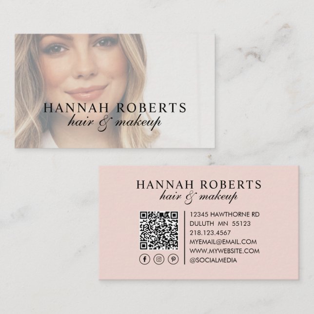 Blush Pink Script Social QR Code Photo Hair Makeup Business Card (Front/Back)