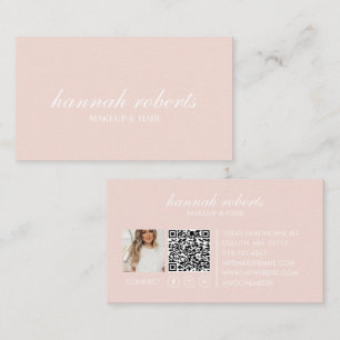 Blush Pink Script Social QR Code Photo Hair Makeup Business Card