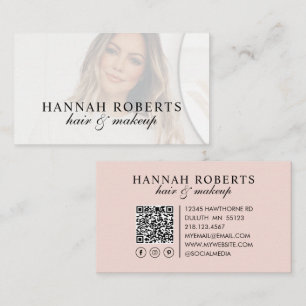 Blush Pink Script Social QR Code Photo Hair Makeup Business Card