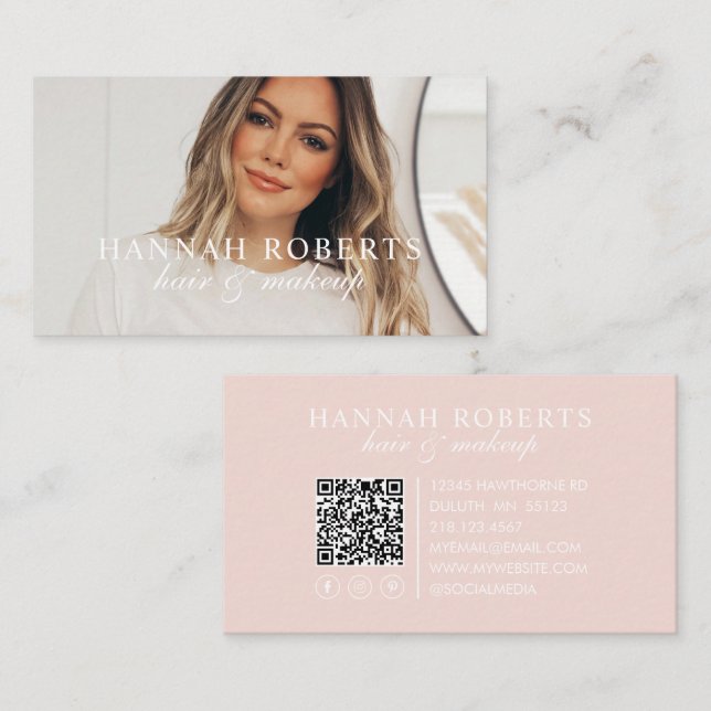 Blush Pink Script Social QR Code Photo Hair Makeup Business Card (Front/Back)
