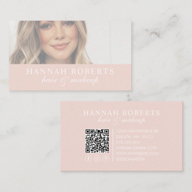 Blush Pink Script Social QR Code Photo Hair Makeup Business Card (Front/Back)