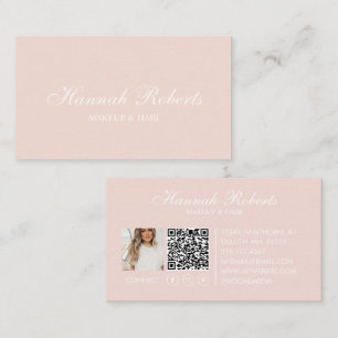 Blush Pink Script Social QR Code Photo Hair Makeup Business Card