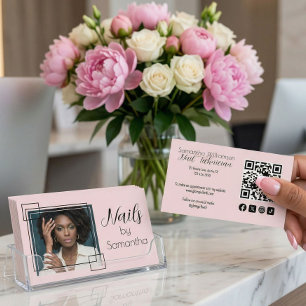 Blush Pink Script Social QR Code Photo Nail Tech Business Card