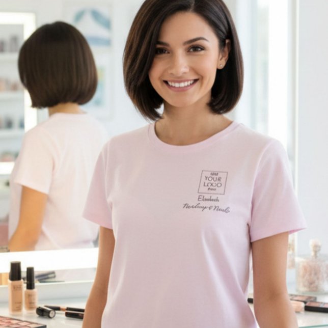 Blush Pink Script Staff Name Business Logo Makeup T-Shirt (Creator Uploaded)