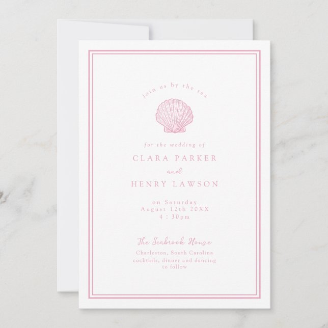 Blush Pink Seashell Coastal Wedding Invitation (Front)