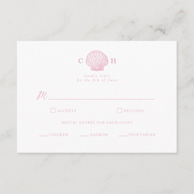 Blush Pink Seashell Coastal Wedding RSVP Enclosure Card (Front)