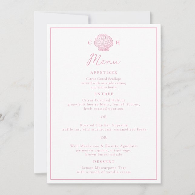 Blush Pink Seashell Wedding Menu Card (Front)