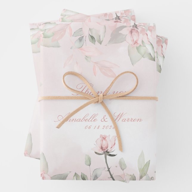 Blush Pink Secret Garden Roses Wedding Thank You Wrapping Paper Sheet (In situ)