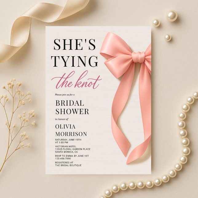 Blush Pink She's Tying The Knot Bow Bridal Shower Invitation (Creator Uploaded)