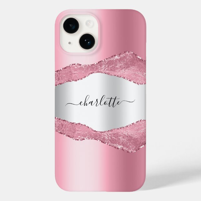 Blush pink silver agate marble name Case-Mate iPhone case (Back)