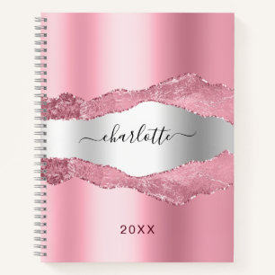 Blush pink silver agate marble name notebook