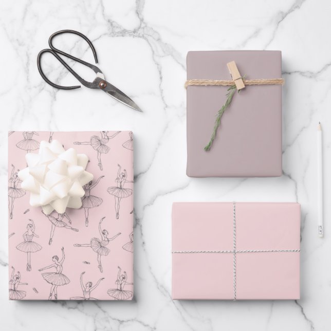 Blush Pink & Silver Ballerina Pattern Wrapping Paper Sheet (Front)