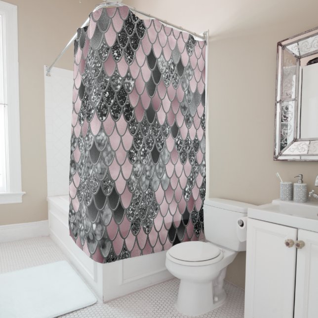 Blush Pink Silver Black Mermaid Scales Glam #1  Shower Curtain (In Situ)