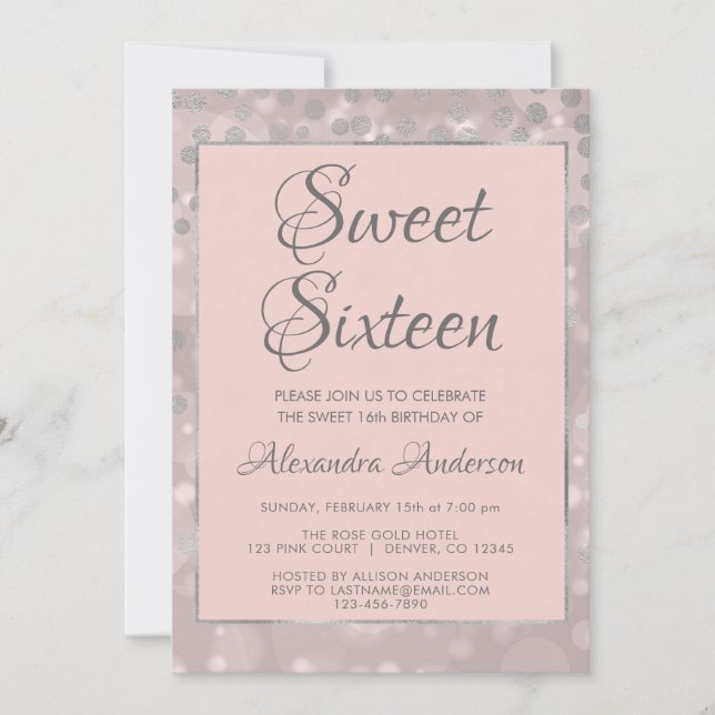 Blush Pink & Silver Confetti Sweet 16 Birthday Invitation (Front)