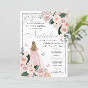 Blush Pink Silver Floral Princess Quinceanera Invitation