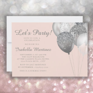 Blush Pink Silver Glitter Balloons Sweet 16 Invitation