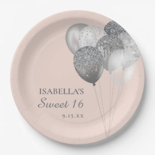 Blush Pink Silver Glitter Balloons Sweet 16 Paper Plate