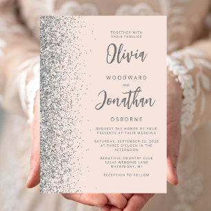 Blush Pink Silver Glitter Calligraphy Wedding Invitation