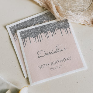 Blush Pink Silver Glitter Drip 30th Birthday Party Napkin