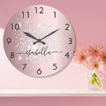 Blush pink silver glitter dust metal name script large clock<br><div class="desc">A blush pink faux metallic looking background,  decorated with faux silver glitter dust.  Personalise and add your name written with a trendy hand lettered style script with swashes.
To keep the swashes only delete the sample name,  leave the spaces or emoji's in front and after the name.</div>