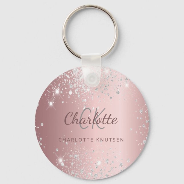 Blush pink silver glitter dust monogram name key ring (Front)
