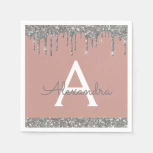 Blush Pink Silver Glitter  Monogram Birthday Napkin