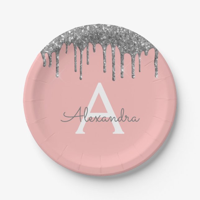Blush Pink Silver Glitter Monogram Birthday Paper Plate (Front)
