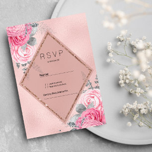 Blush pink silver glitter peony floral RSVP Invitation