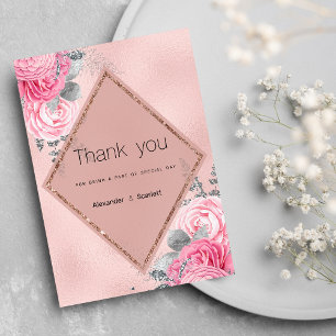 Blush pink silver glitter peony floral Thank You Invitation