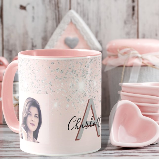 Blush pink silver glitter photo monogram  mug (Creator Uploaded)