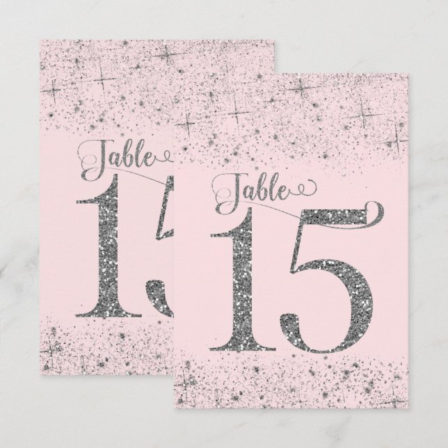 Blush Pink Silver Glitter Table Numbers Number 15 (Front/Back)