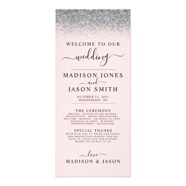 Blush Pink & Silver Glitter Wedding Program Rack Card (Front)
