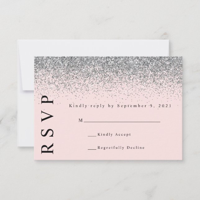 Blush Pink & Silver Glitter Wedding RSVP Card (Front)