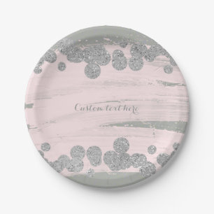 Blush Pink Silver & Grey Sparkle Dots Glam Party Paper Plate