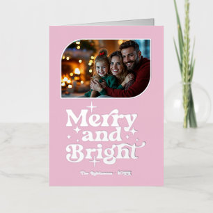 Blush Pink & Silver Merry & Bright Photo Christmas Foil Holiday Card