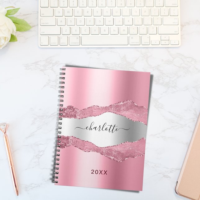 Blush pink silver metal agate marble name  notebook (Creator Uploaded)